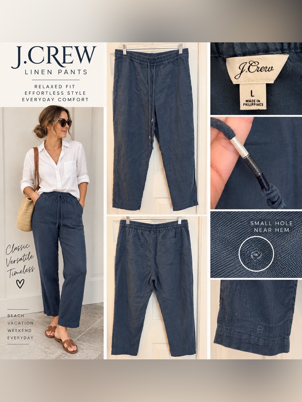 Crew Navy Linen Drawstring Pants Size Large Relaxed Casual